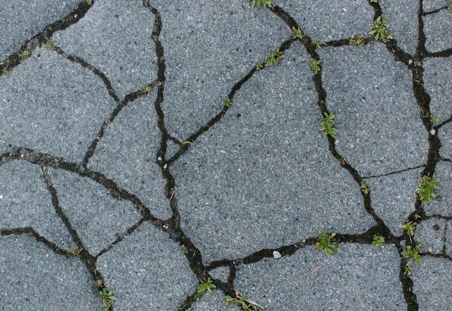 Close view of alligator cracking in an old driveway with weeds coming up through the web